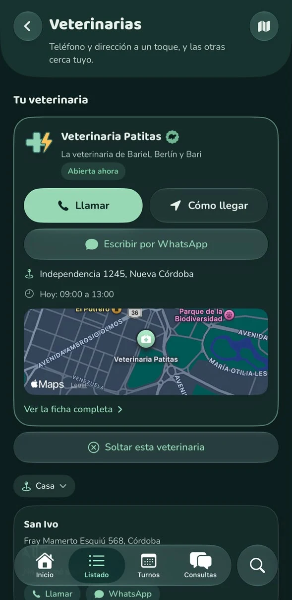 La pantalla Veterinarias, con tu veterinaria y las que están cerca
