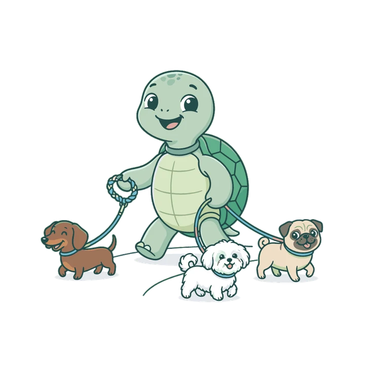 La tortuga de Cobby paseando tres perros felices